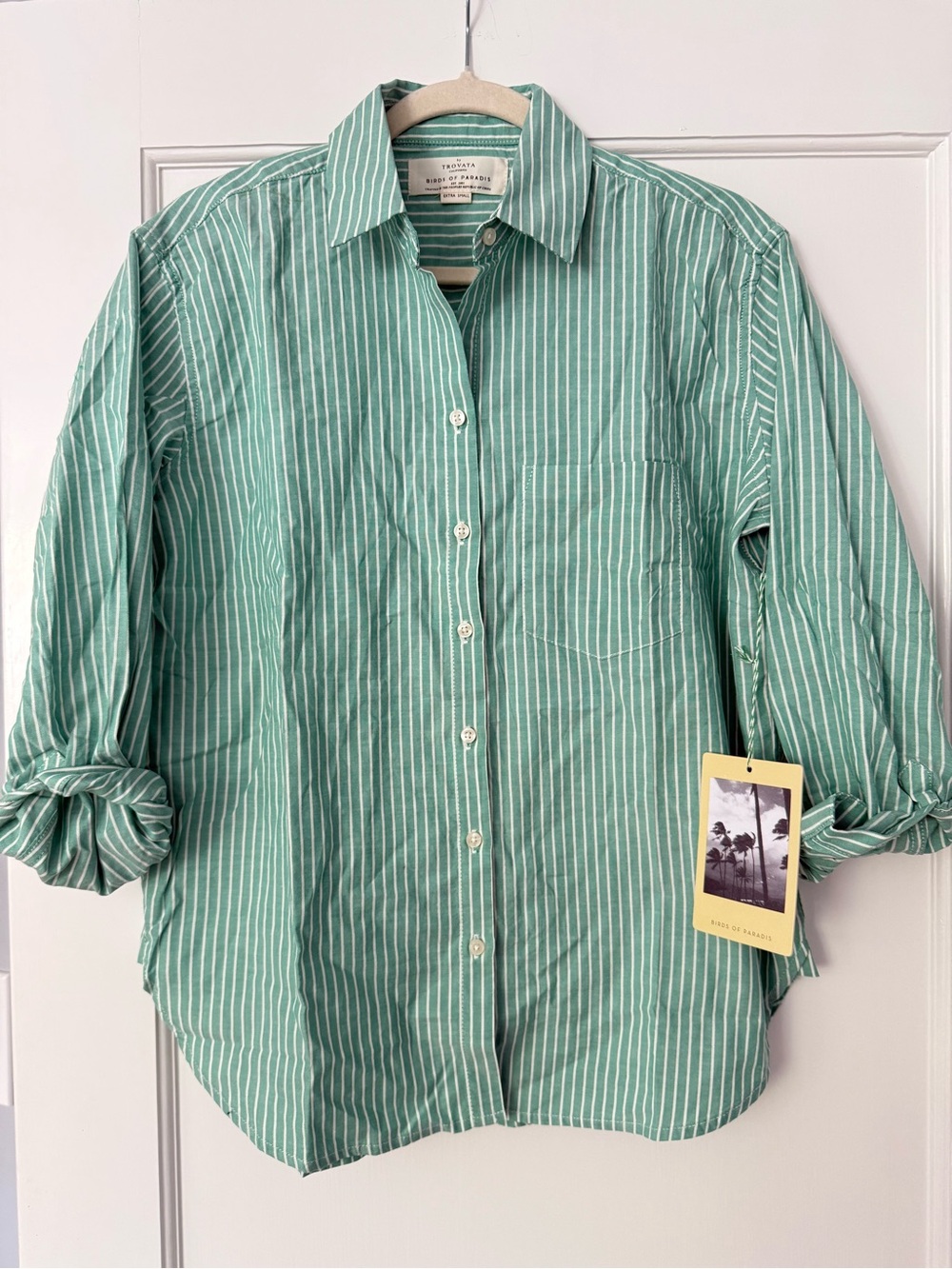 NWT Trovata Birds of Paradis Button Down Shirt in Green Stripe size XS
